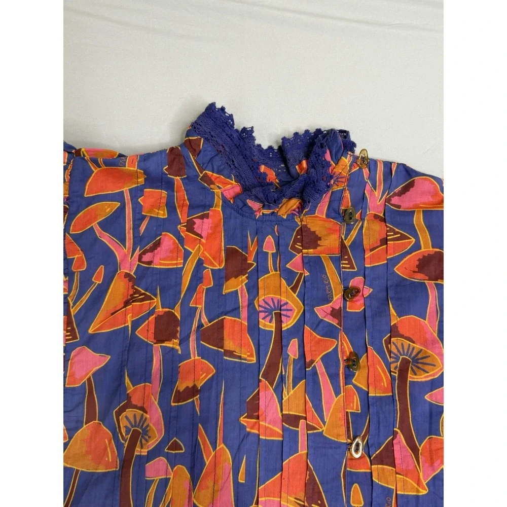 Farm Rio Bright Blue Mushroom Sketch Blouse Buttons M NEW Statement